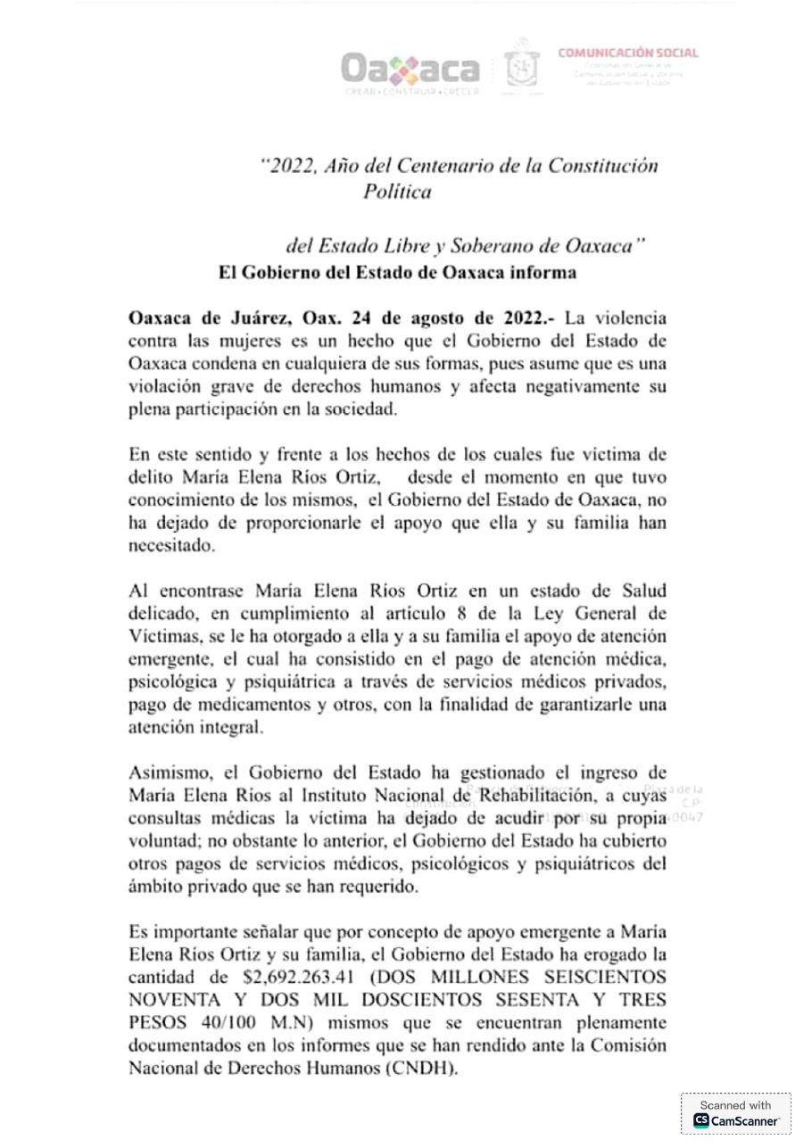 Comunicado del Gobierno del Estado de Oaxaca del 24 de agosto de 2022