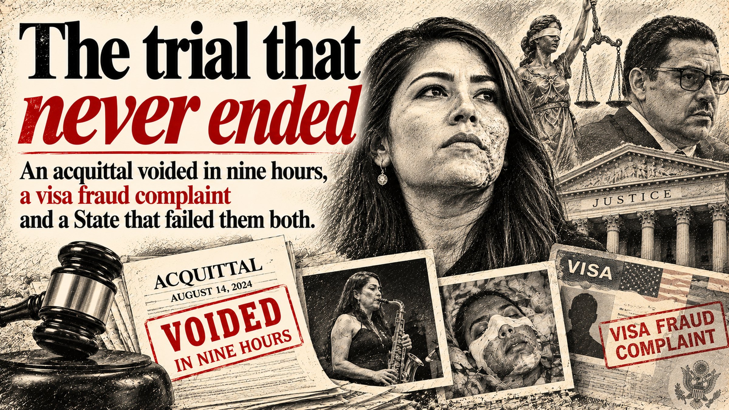 The trial that never ended. An acquittal voided in nine hours, a visa fraud complaint and a State that failed them both