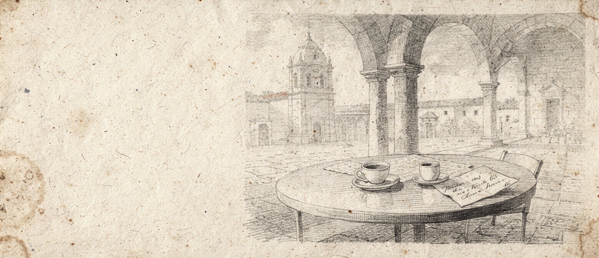 Lámina grabada: una mesa de café en una plaza con dos tazas y una carta doblada