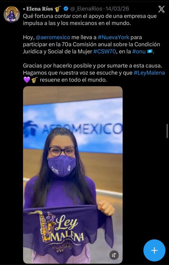 Publicación de @_ElenaRios del 14 de marzo de 2026 agradeciendo a Aeroméxico el viaje a Nueva York
