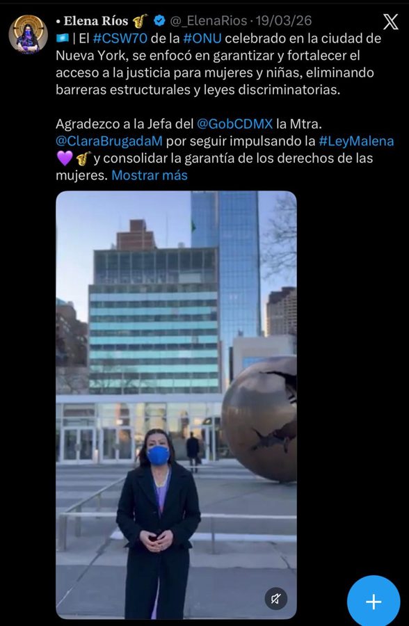 Publicación de @_ElenaRios del 19 de marzo de 2026 frente a la sede de la ONU